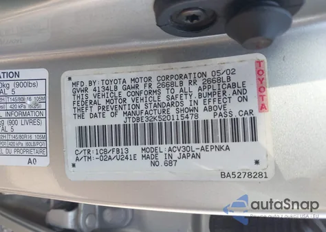 2002 Toyota Camry Le из США, поврежденный, VIN JTDBE32K520115478